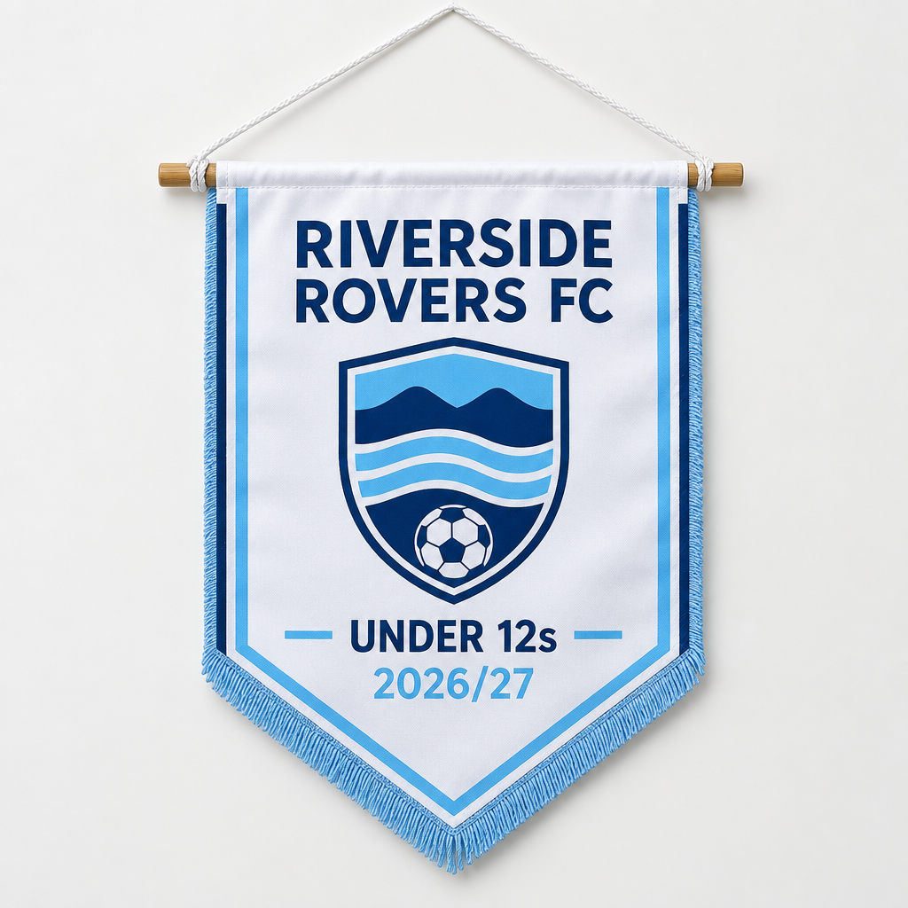 Personalised Football Team Pennant – Team Name, Season & Badge – 18 x 26cm – Personalised football team pennant with team name, season and badge on a bamboo stick