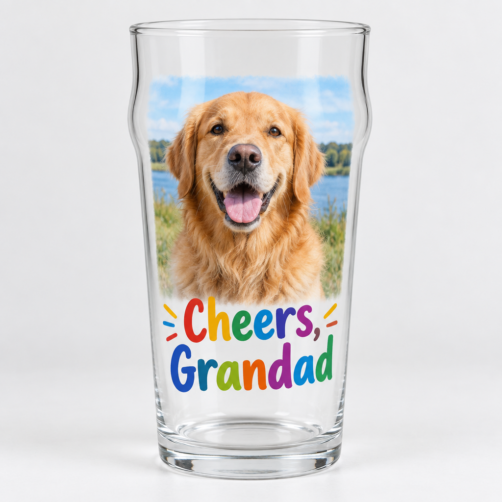 Personalised Photo Pint Glass – Full Colour Photo Print – Personalised photo pint glass with a full-colour dog photo and Cheers, Grandad text