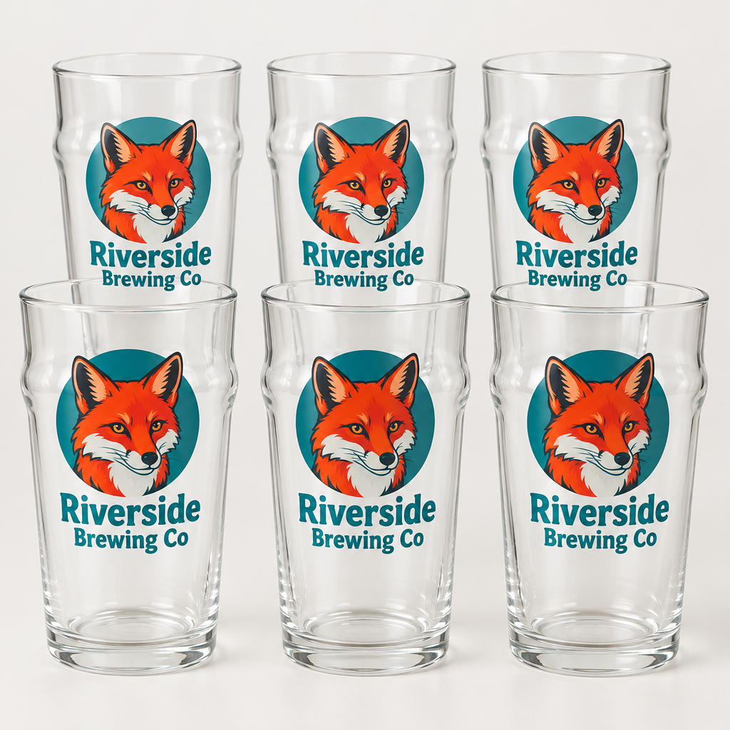 Six custom logo pint glasses printed with a full-colour brewery logo