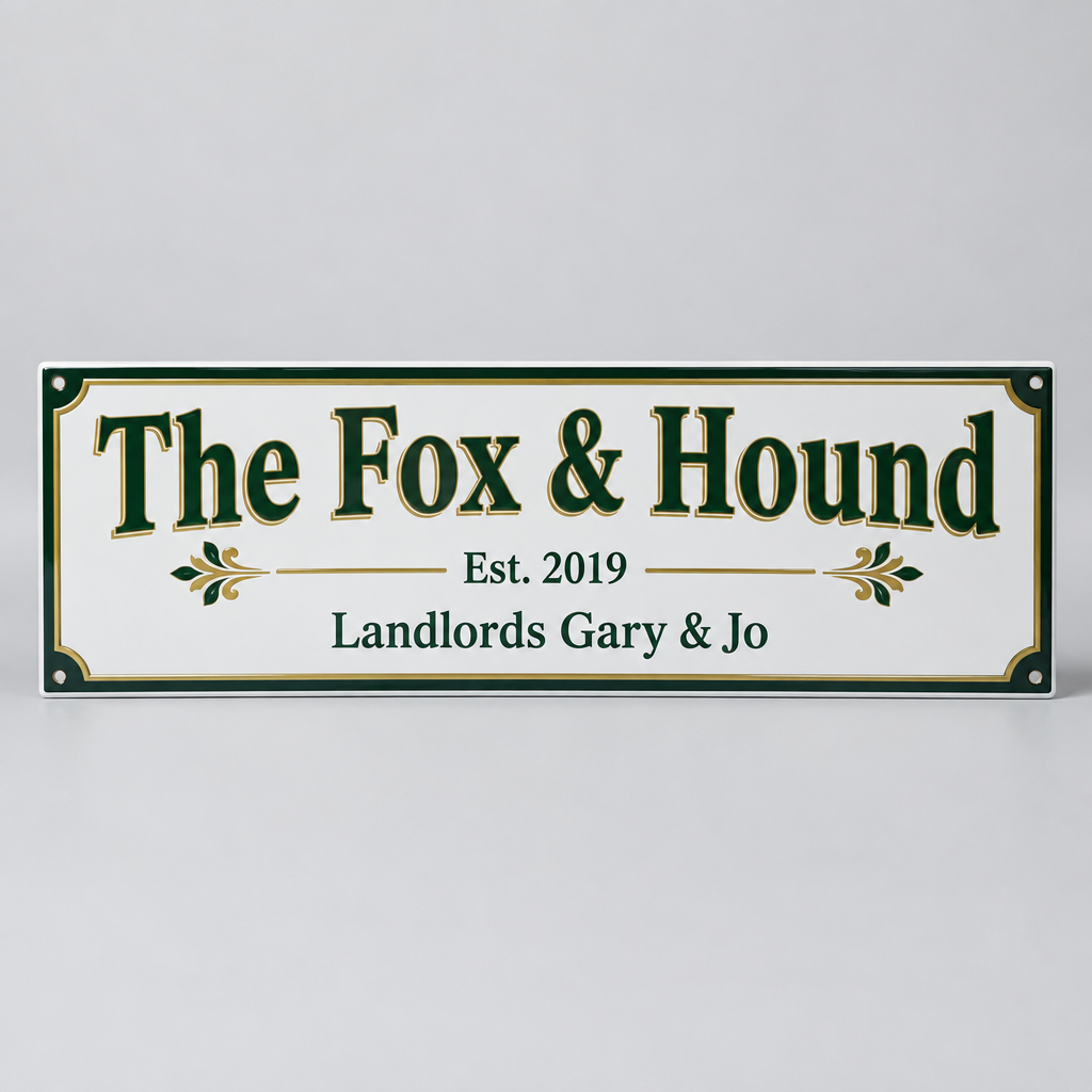 Personalised Metal Pub Sign – Your Bar Name & Est. Year – Personalised metal pub sign: panoramic aluminium sign reading 'The Fox & Hound, Est. 2019' with landlords' names