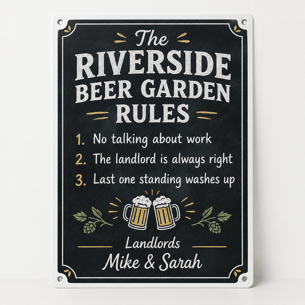 Personalised Beer Garden Rules Metal Sign – Personalised beer garden rules sign: 8 x 10in metal sign with three house rules and landlords' names