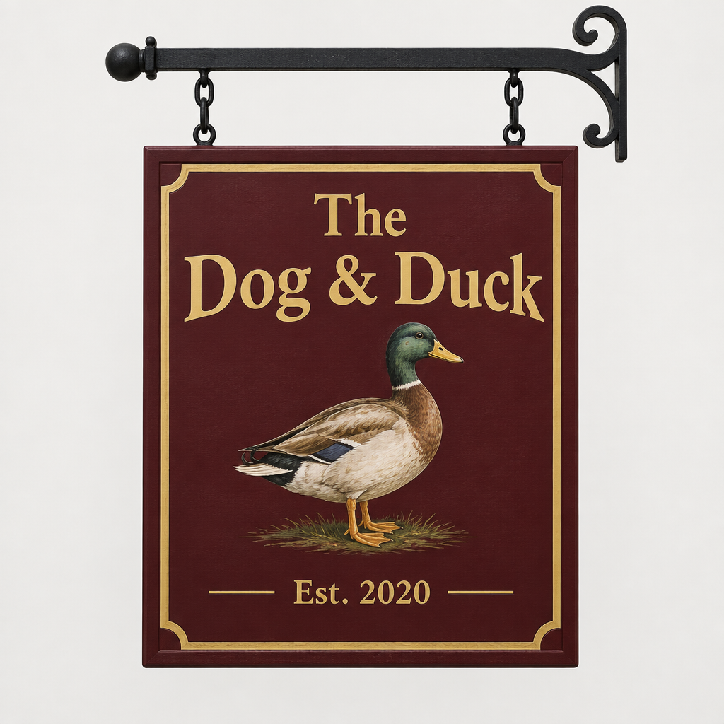 Personalised Hanging Garden Pub Sign – Double-Sided – Personalised hanging garden pub sign: double-sided 'The Dog & Duck, Est. 2020' sign with a duck illustration