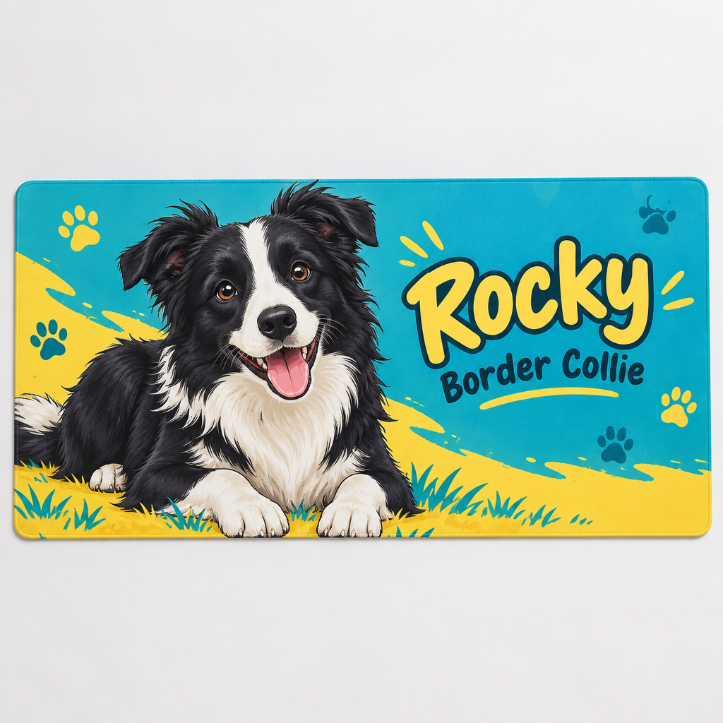 Personalised Cartoon Pet Gaming Mat – Name & Breed in Bright Colours – Personalised cartoon pet gaming mat with a border collie and the name Rocky