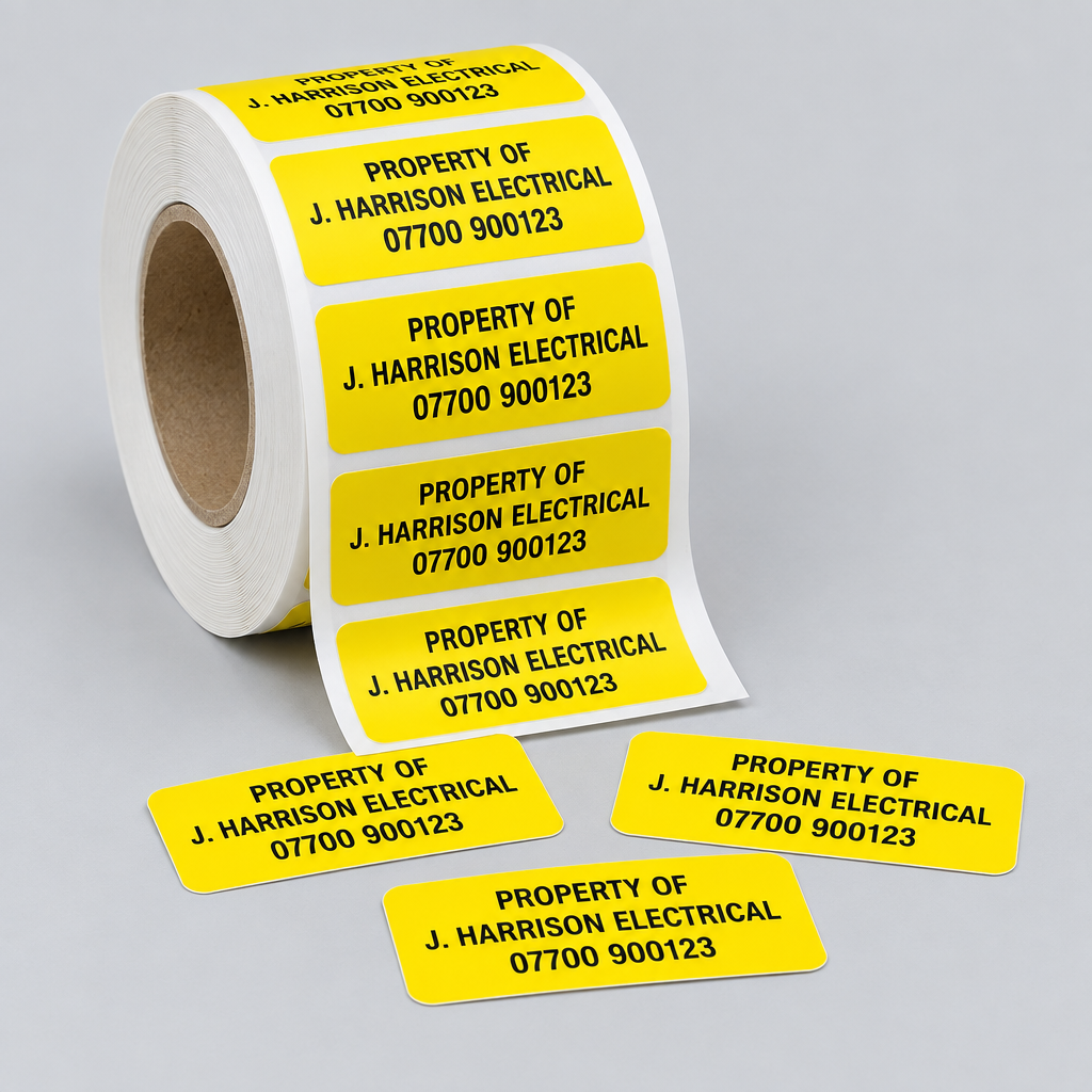 Personalised Tool Labels – Yellow Property ID Stickers with Name & Phone Number – 20 x 40 mm, Packs of 50 to 1,000 – Roll of yellow personalised tool labels printed Property Of with a name and phone number