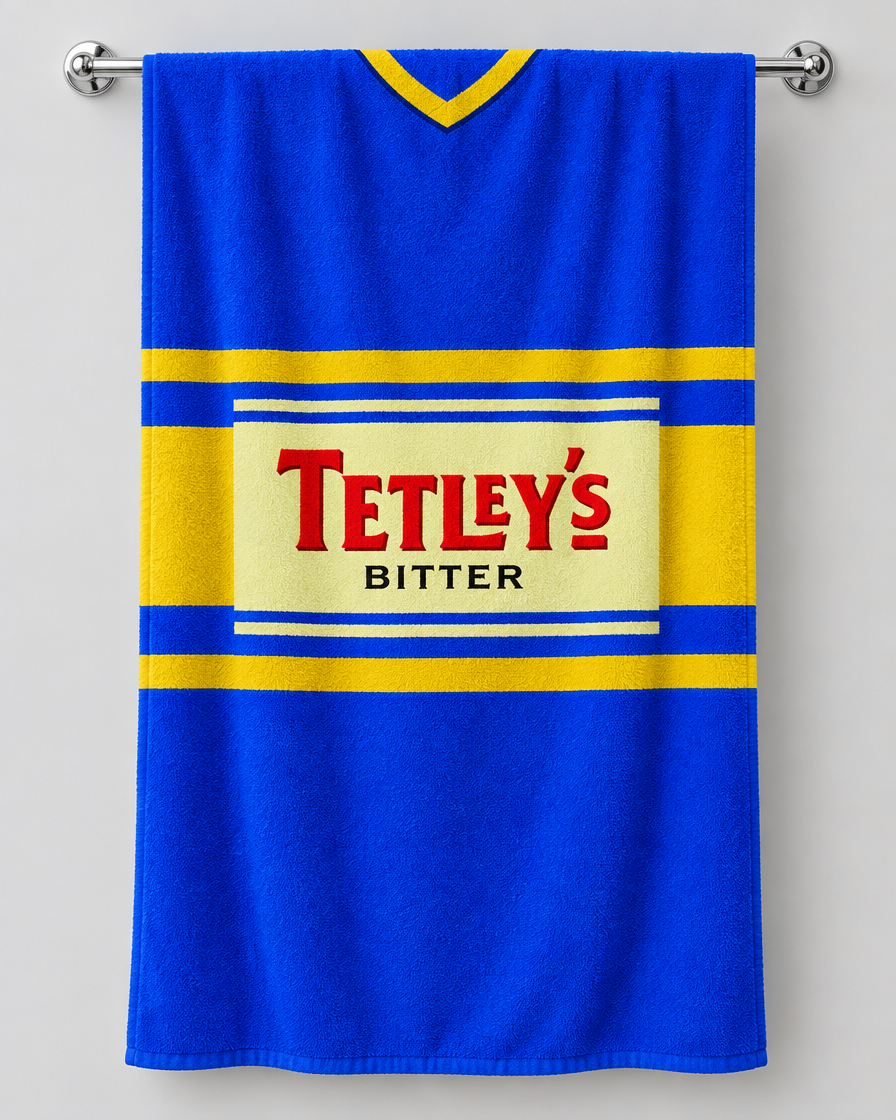 Leeds 1999 personalised rugby bath towel hanging on a towel rail