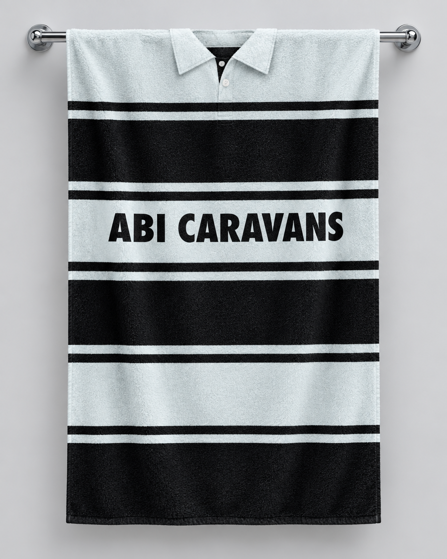 Hull FC 1985 personalised rugby bath towel hanging on a towel rail