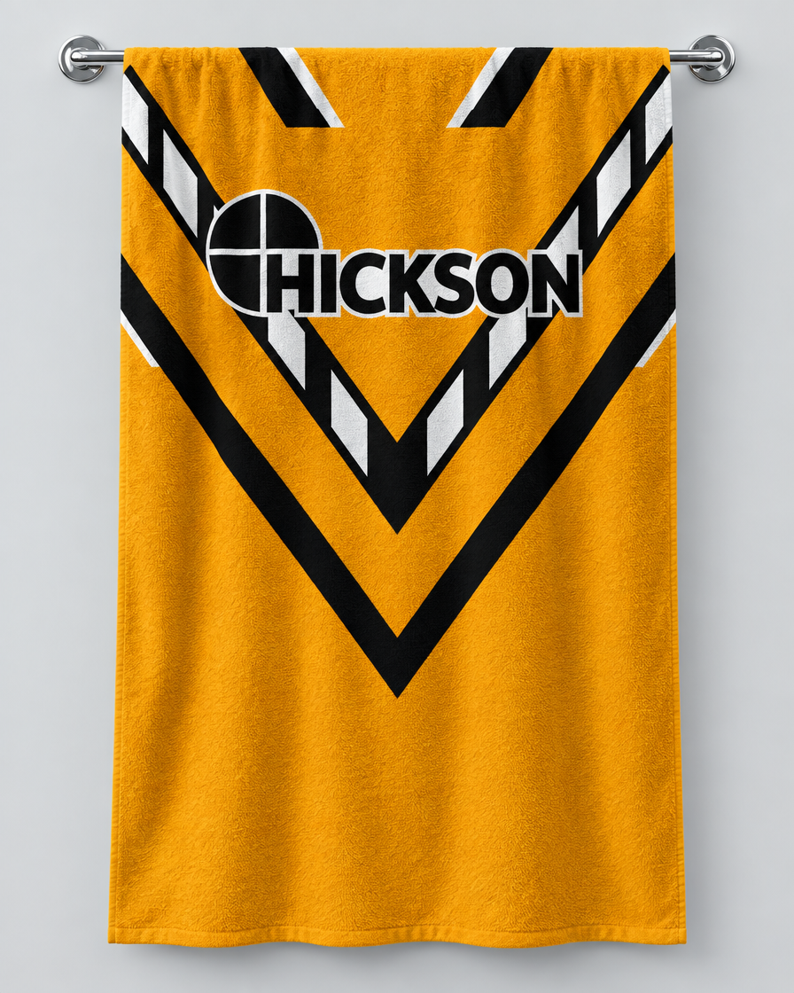 Castleford 1992 personalised rugby bath towel hanging on a towel rail