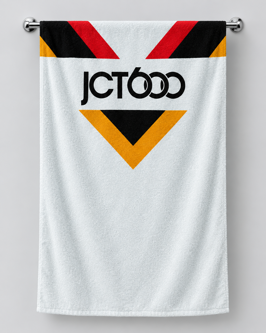 Bradford 2005 personalised rugby bath towel hanging on a towel rail