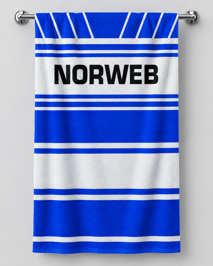 Wigan 1990 Away personalised rugby bath towel hanging on a towel rail
