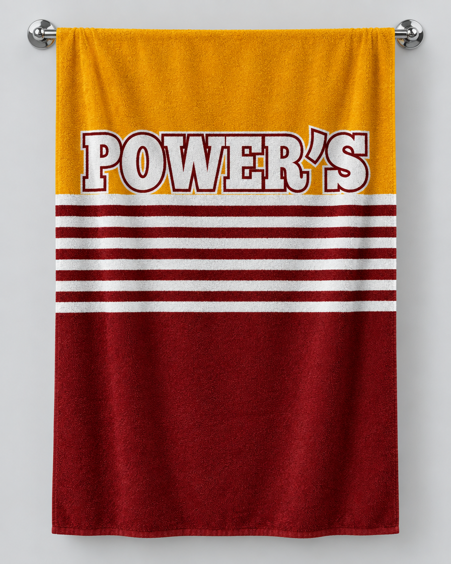 Brisbane 1988 Away Personalised Rugby Bath Towel β Brisbane 1988 Away personalised rugby bath towel hanging on a towel rail