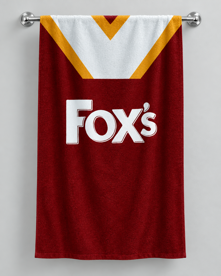 Batley 1995 Personalised Rugby Bath Towel β Batley 1995 personalised rugby bath towel hanging on a towel rail