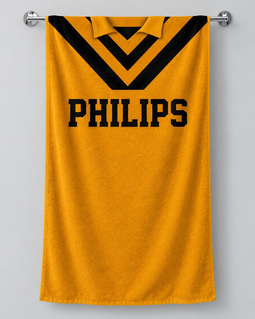 Balmain Tigers Personalised Rugby Bath Towel β Balmain Tigers personalised rugby bath towel hanging on a towel rail