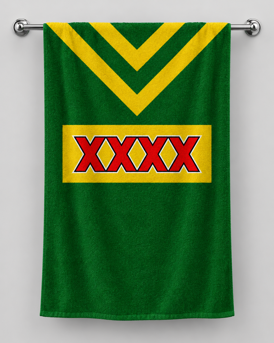 Australia Personalised Rugby Bath Towel – Australia personalised rugby bath towel hanging on a towel rail