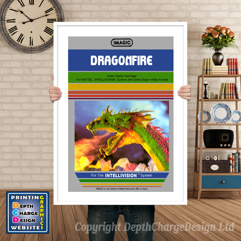 Intellivison Dragonfire Inspired Retro Gaming Poster A4 A3 A2 Or A1 – Dragonfire Intellivision inspired retro gaming poster shown in a white frame