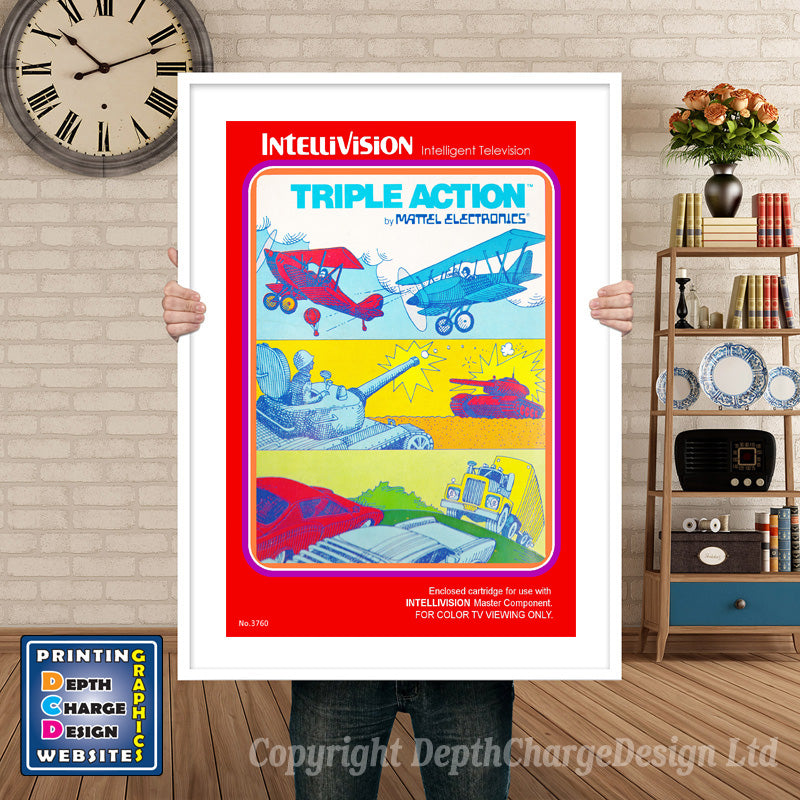 Intellivison Triple Action Inspired Retro Gaming Poster A4 A3 A2 Or A1 β Triple Action Intellivision inspired retro gaming poster shown in a white frame