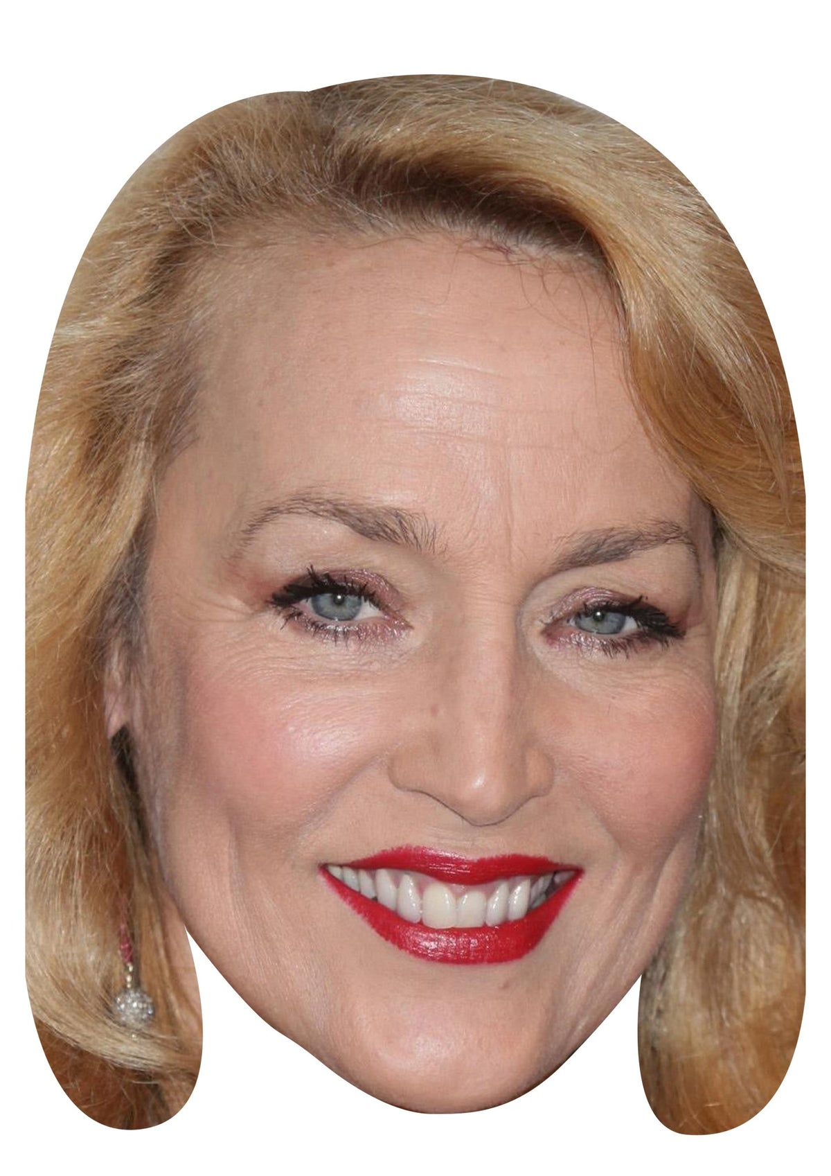 Jerry Hall Face Mask – Fancy Dress Cardboard Costume Mask – Jerry Hall face mask – printed cardboard celebrity face mask on a white background, front view