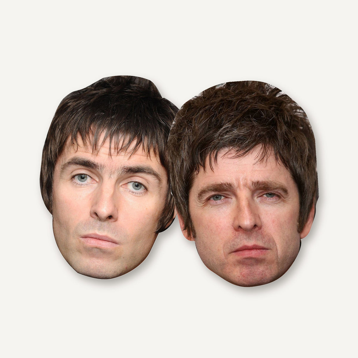 Liam and Noel Gallagher face masks, two printed card masks side by side