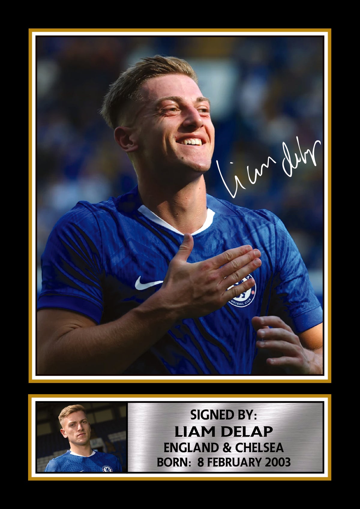 Liam Delap Printed Signature Poster – England & Chelsea F.C. Football Star Wall Art – Soccer Player Wall Art Poster Print – Liam Delap Printed Signature Poster