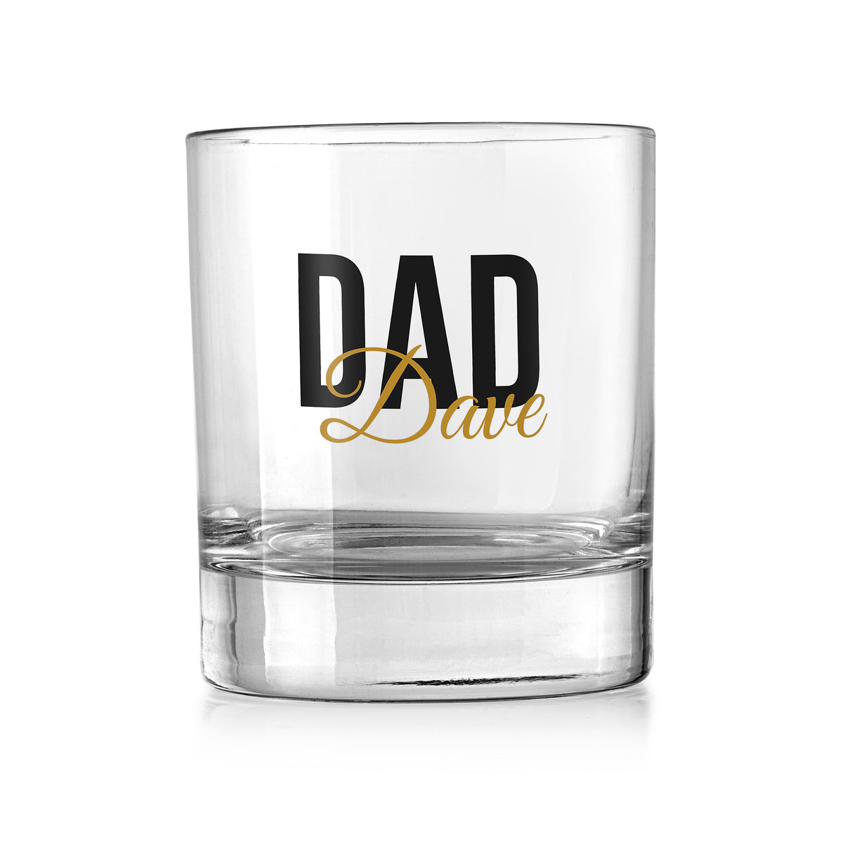 Personalised Dad Whisky Tumbler – Bold DAD Lettering with Gold Script Name – Father’s Day Gift – Personalised Dad whisky tumbler – bold black DAD lettering with a gold script name, UV DTF print on a clear rocks glass