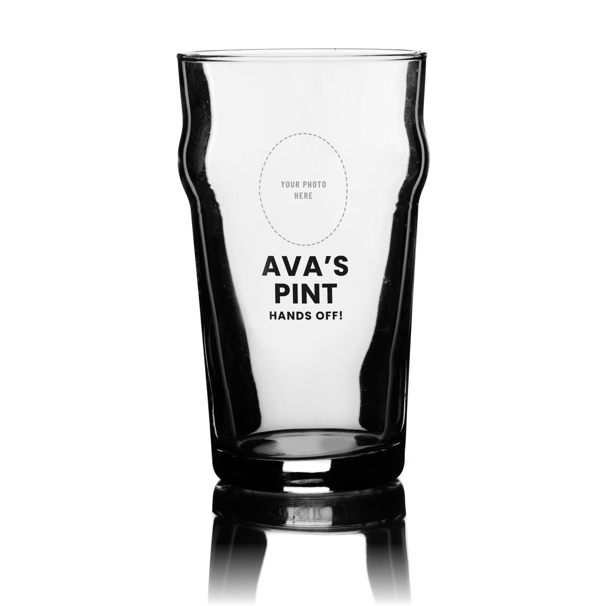 Personalised face photo pint glass with a Your Photo Here area for their face, their name and Hands Off!, UV DTF printed on a clear 20oz nonic pint glass