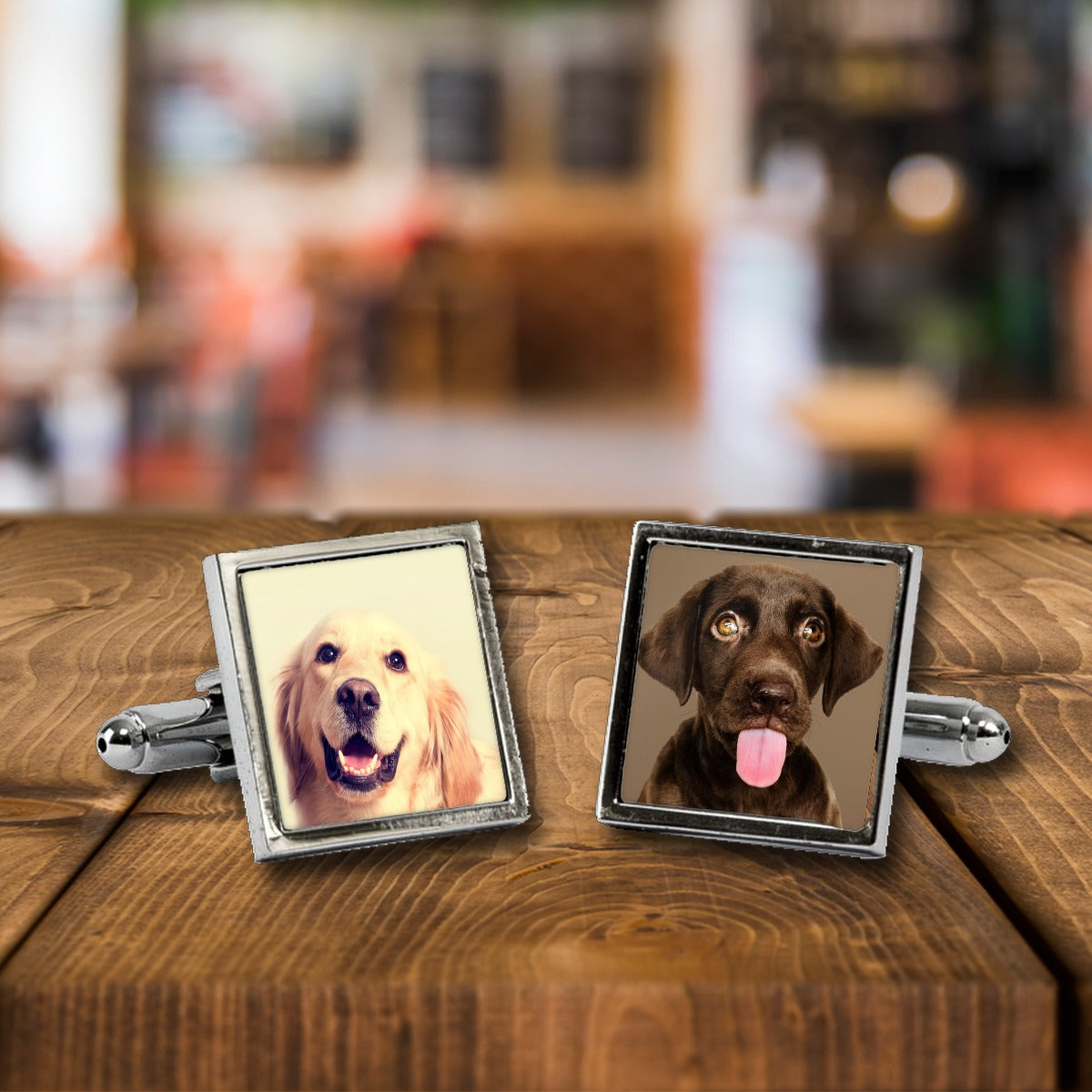 Personalised Photo Cufflinks – Your Own Picture on Each Cuff – Chrome or Rose Gold – Personalised Photo cufflinks, a chrome square pair on a wooden bar table
