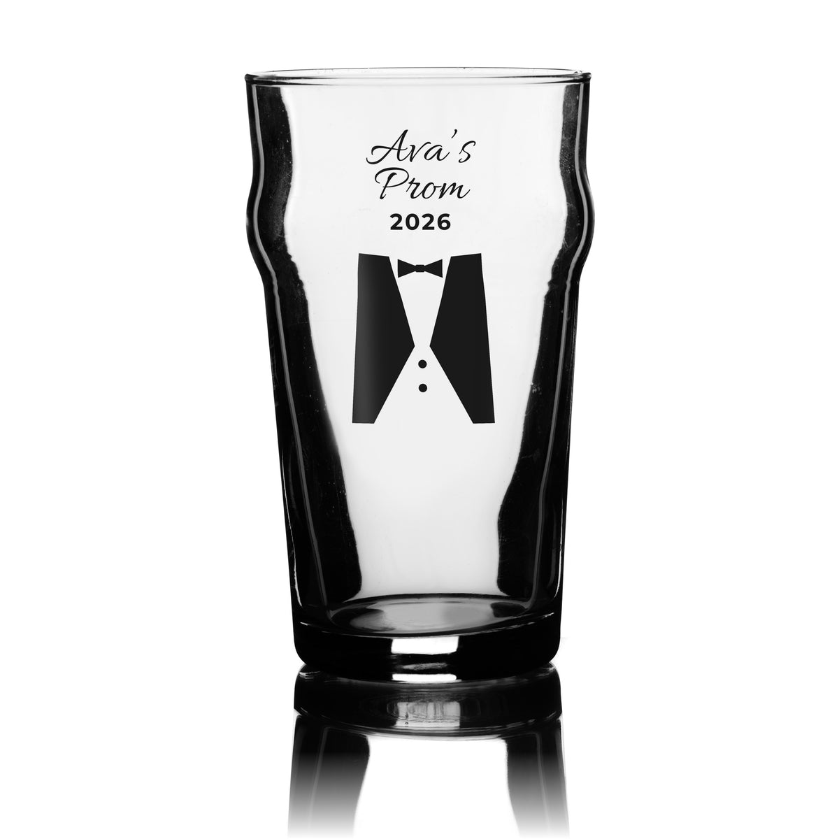 Personalised prom pint glass in black with the tuxedo design, name and prom year, UV DTF printed on a clear 20oz nonic pint glass