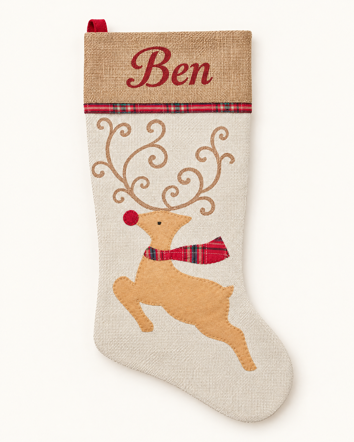 Personalised reindeer Christmas stocking with the name Ben on a hessian cuff