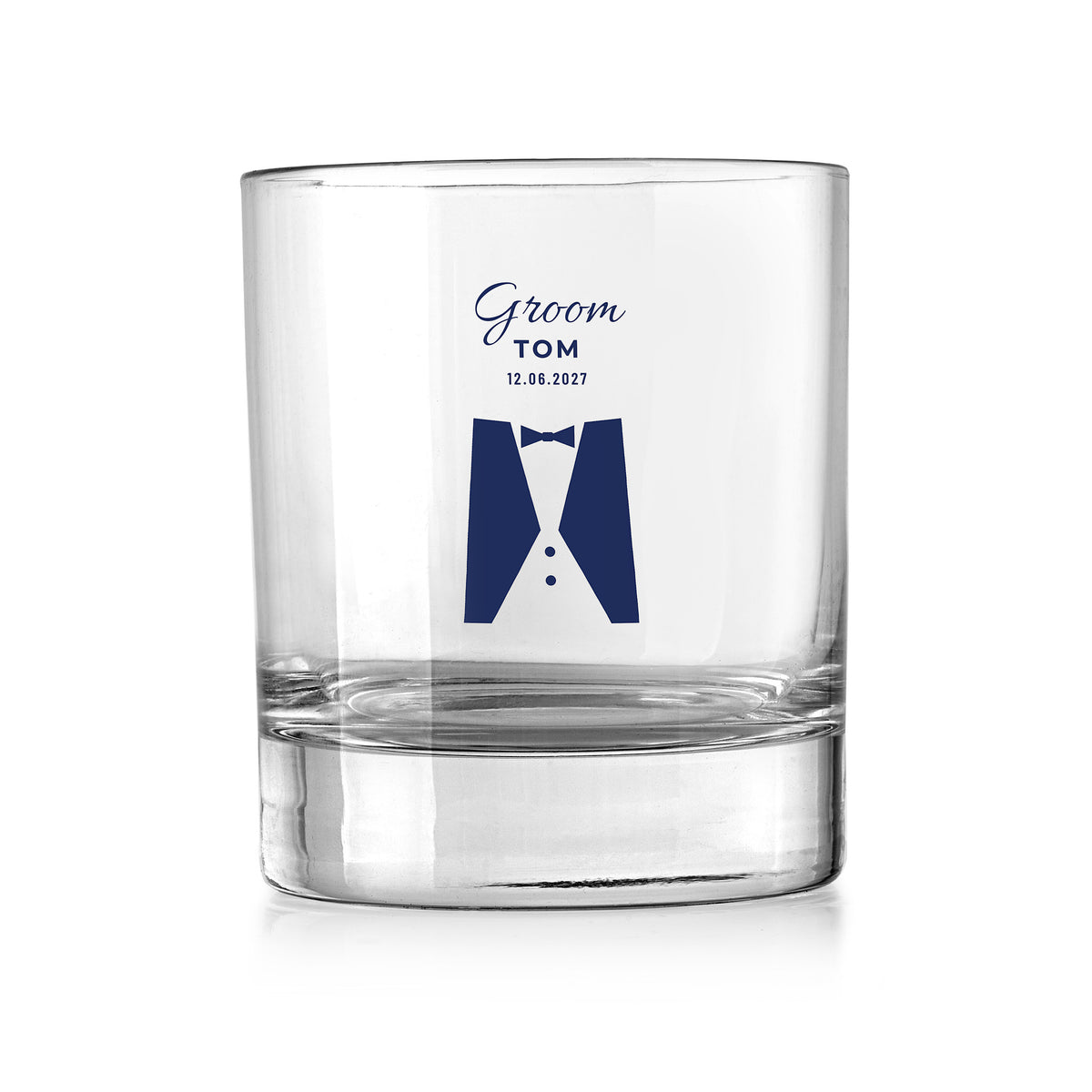 Personalised Wedding Party Whisky Tumbler – Groom, Best Man, Usher or Father of the Bride – Tuxedo Design – Personalised wedding party whisky tumbler – Groom, name and wedding date above a navy tuxedo, UV DTF print