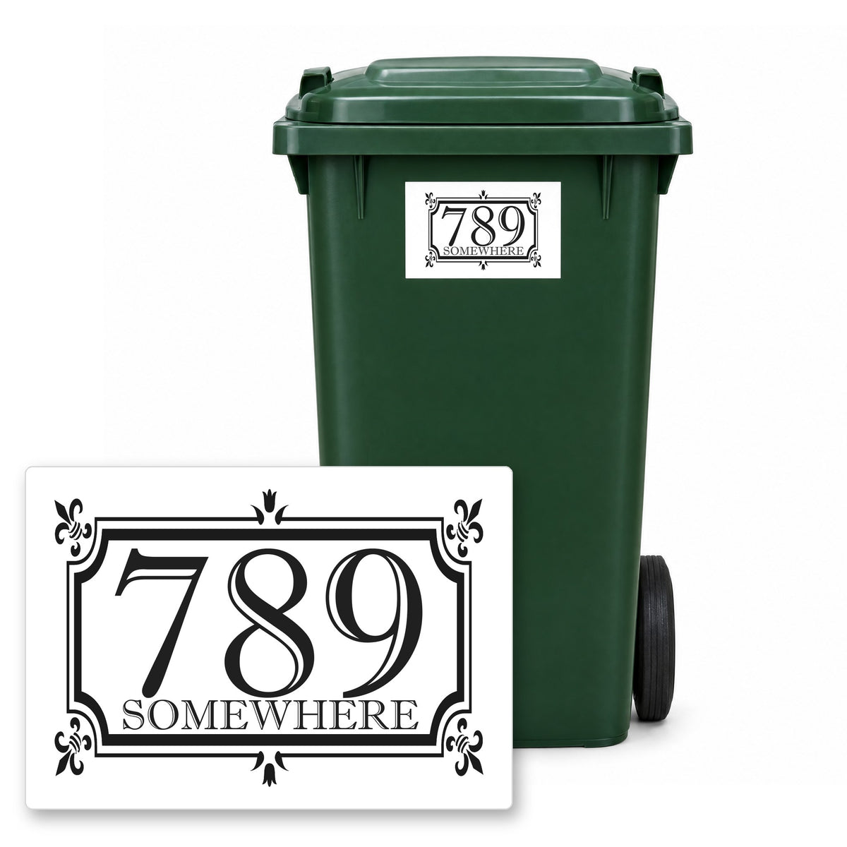 Personalised Wheelie Bin Sticker – Design 10 – Personalised wheelie bin sticker design 10 on a green wheelie bin, with the flat A5 sticker in front