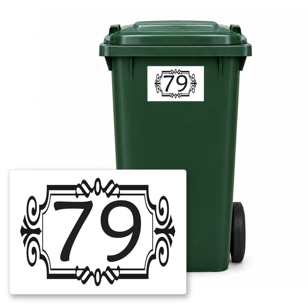 Personalised Wheelie Bin Sticker – Design 11 – Personalised wheelie bin sticker design 11 on a green wheelie bin, with the flat A5 sticker in front
