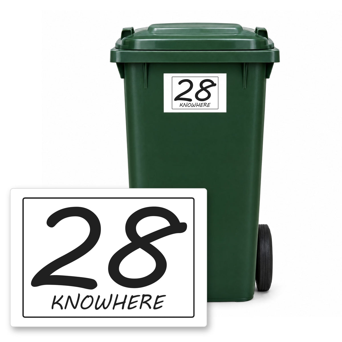 Personalised Wheelie Bin Sticker – Design 14 – Personalised wheelie bin sticker design 14 on a green wheelie bin, with the flat A5 sticker in front