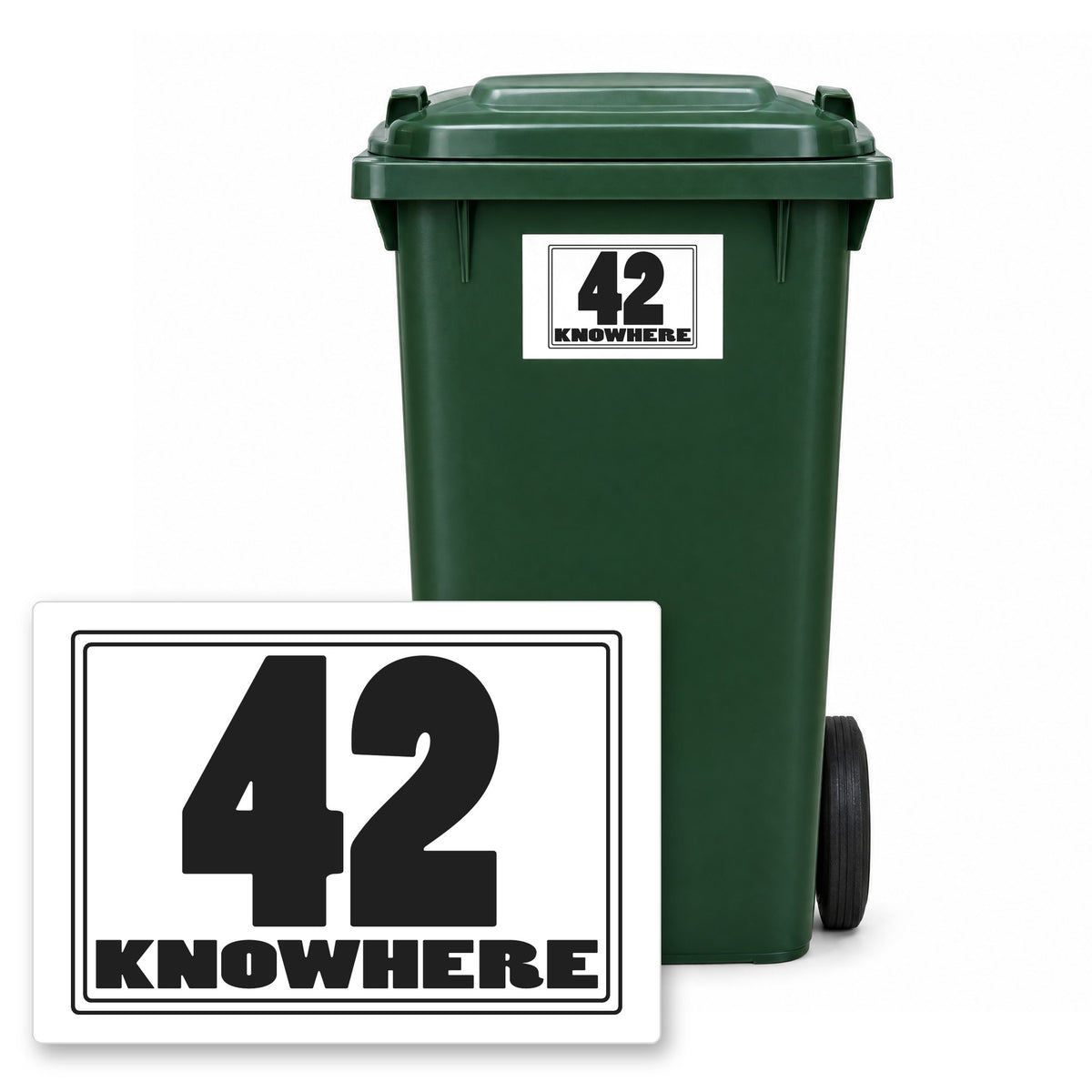 Personalised Wheelie Bin Sticker – Design 16 – Personalised wheelie bin sticker design 16 on a green wheelie bin, with the flat A5 sticker in front