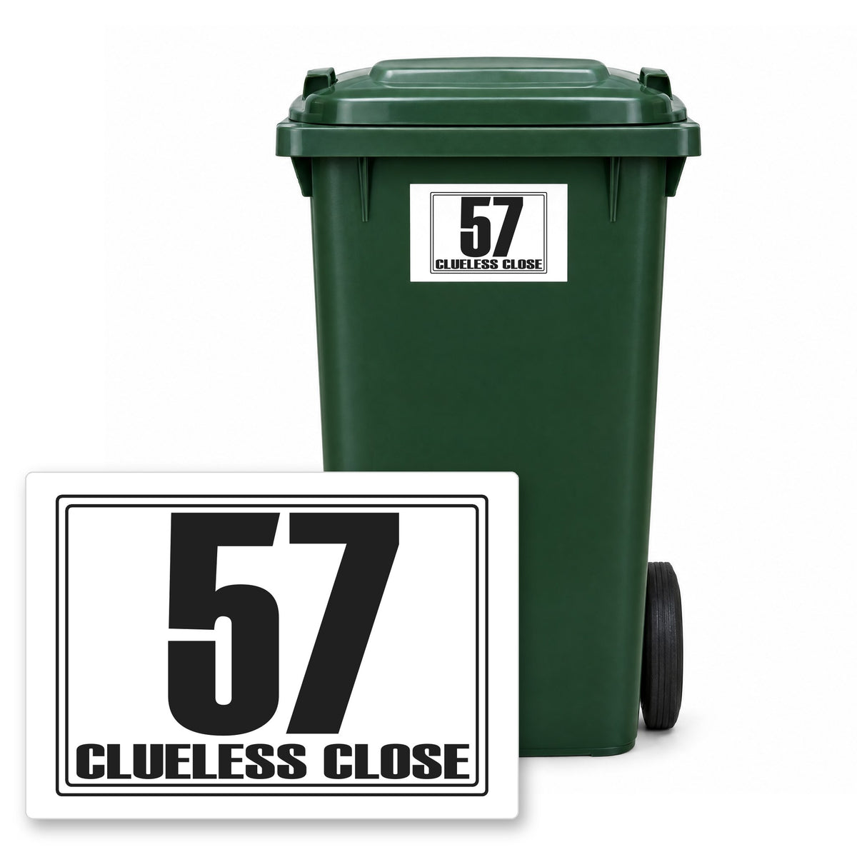 Personalised Wheelie Bin Sticker – Design 17 – Personalised wheelie bin sticker design 17 on a green wheelie bin, with the flat A5 sticker in front