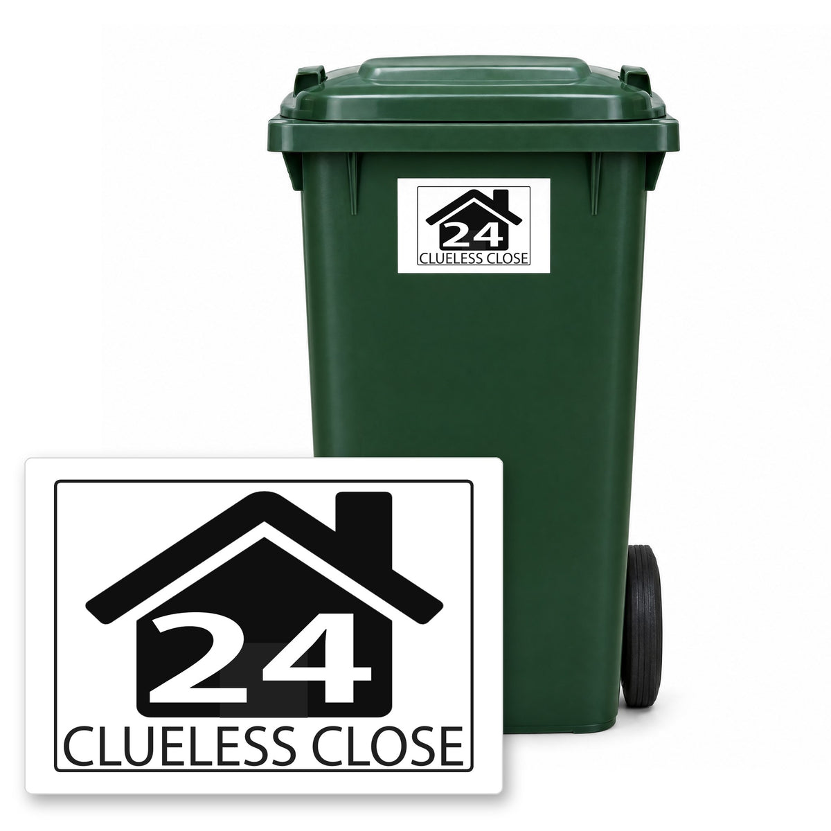 Personalised Wheelie Bin Sticker – Design 18 – Personalised wheelie bin sticker design 18 on a green wheelie bin, with the flat A5 sticker in front