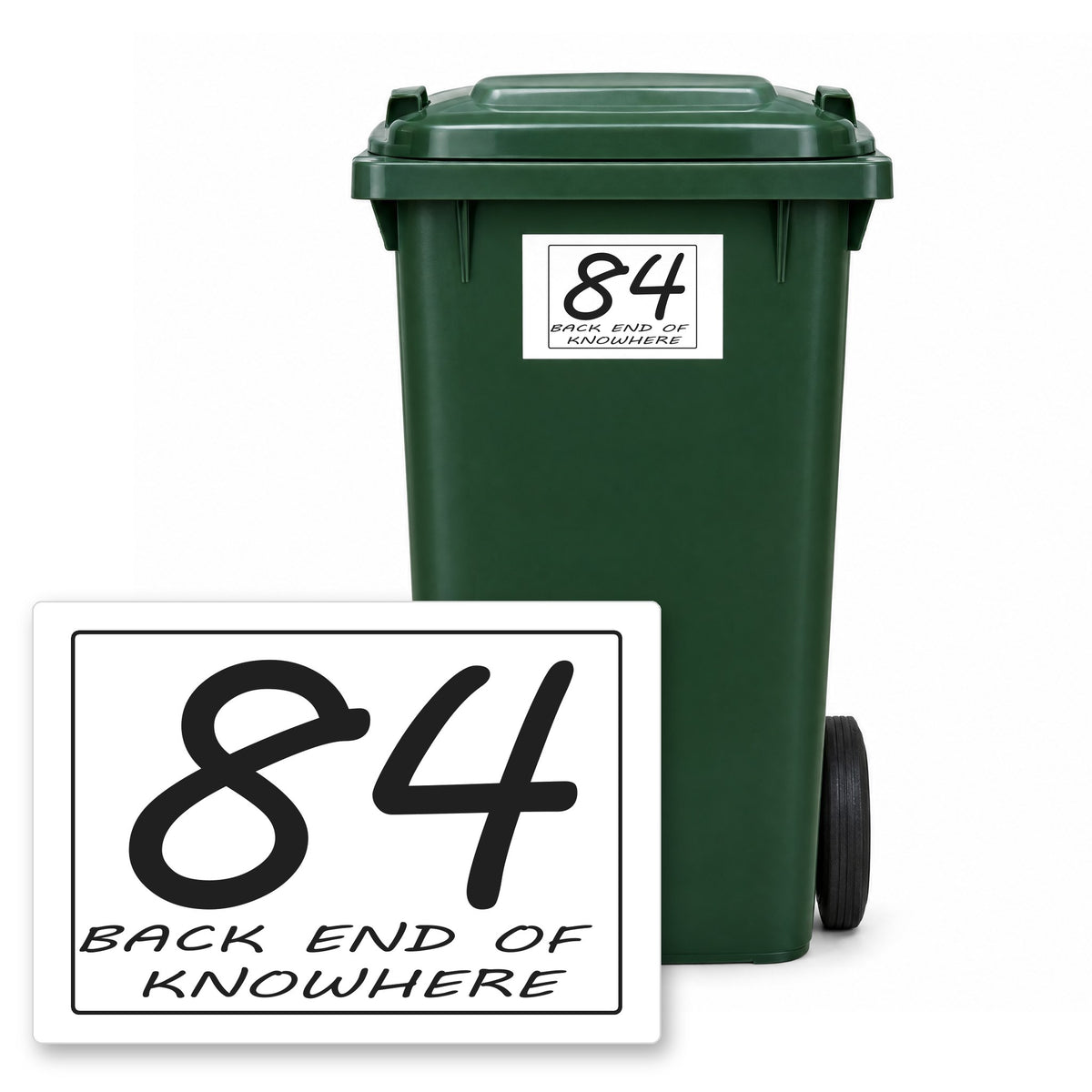 Personalised Wheelie Bin Sticker – Design 19 – Personalised wheelie bin sticker design 19 on a green wheelie bin, with the flat A5 sticker in front