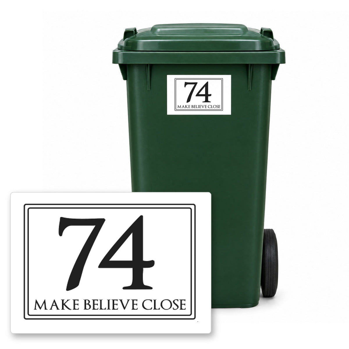 Personalised Wheelie Bin Sticker – Design 2 – Personalised wheelie bin sticker design 2 on a green wheelie bin, with the flat A5 sticker in front