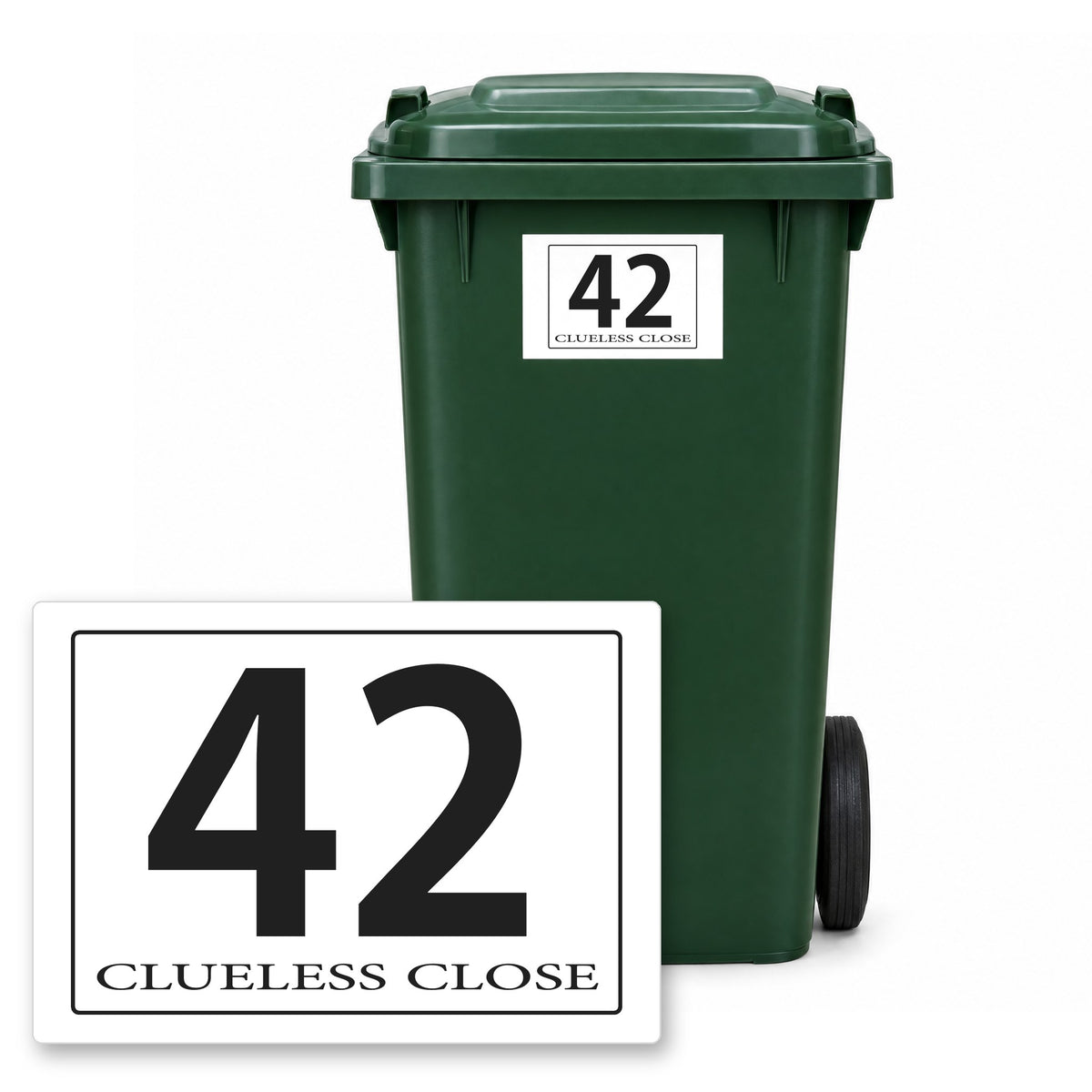 Personalised Wheelie Bin Sticker – Design 4 – Personalised wheelie bin sticker design 4 on a green wheelie bin, with the flat A5 sticker in front
