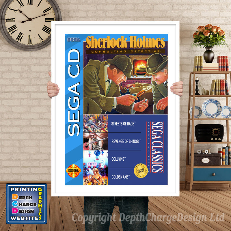 Sherlock Holmes 4 In 1 Classics Sega Sega Mega CD Inspired Retro Gaming Poster A4 A3 A2 Or A1 β Sherlock Holmes 4 In 1 Classics Sega Mega CD inspired retro gaming poster shown in a white frame