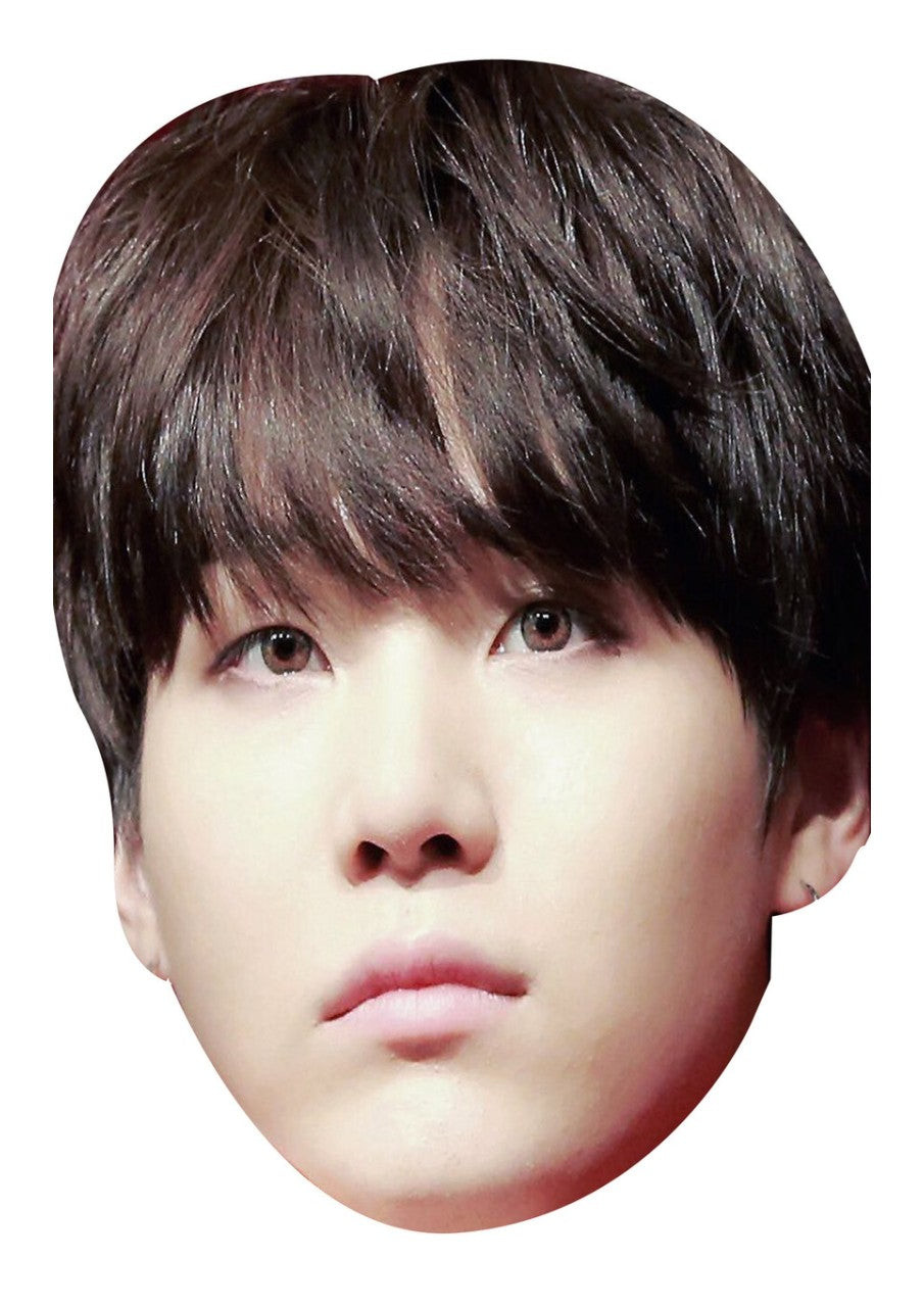 Suga (Min Yoongi) face mask – printed cardboard celebrity face mask on a white background, front view