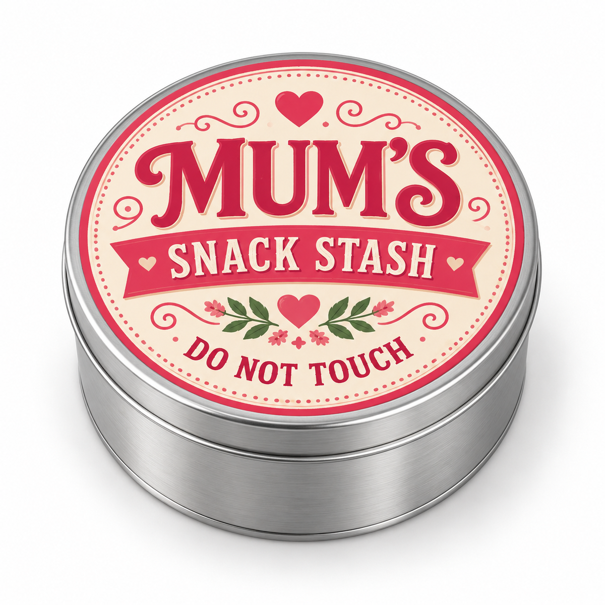 Mum's Snack Stash metal tin on white background