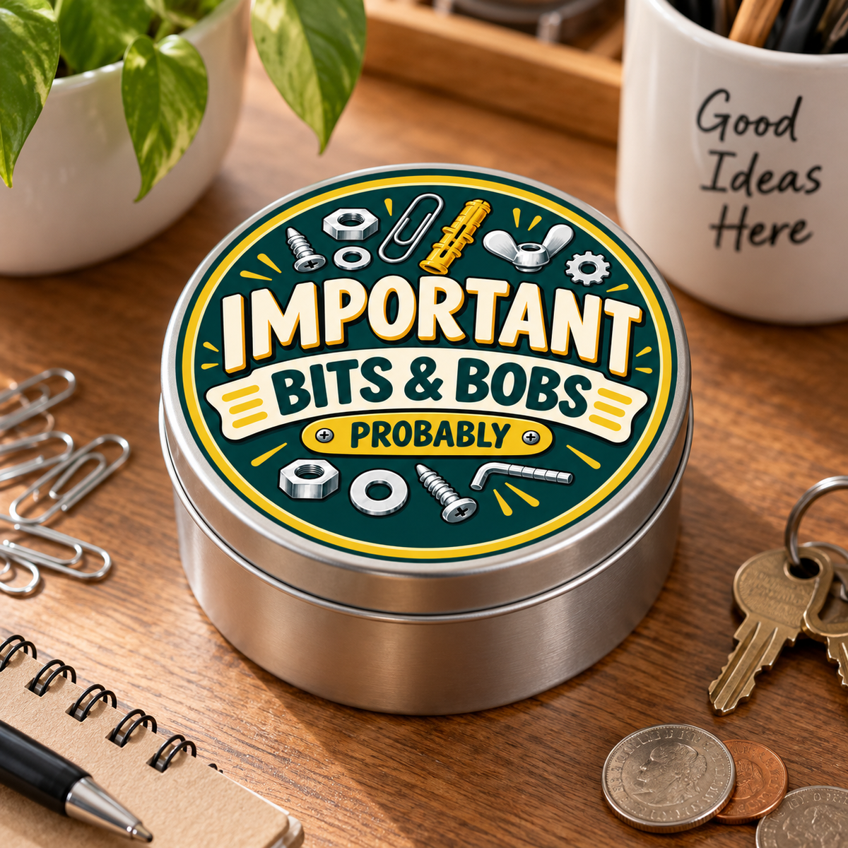 Important Bits & Bobs metal tin on white background