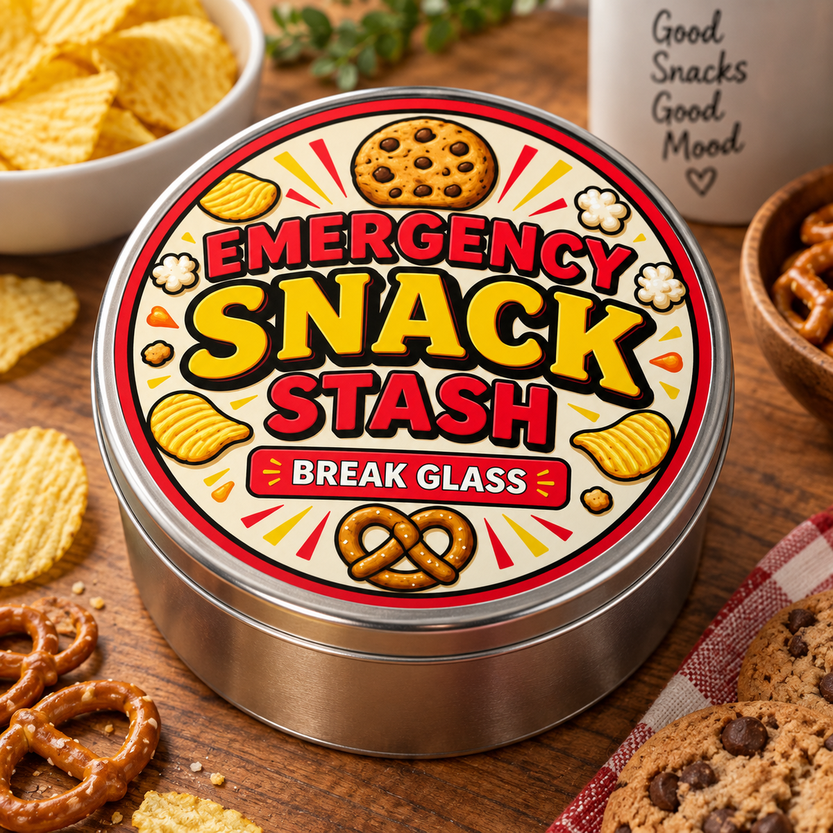 Emergency Snack Stash metal tin on white background
