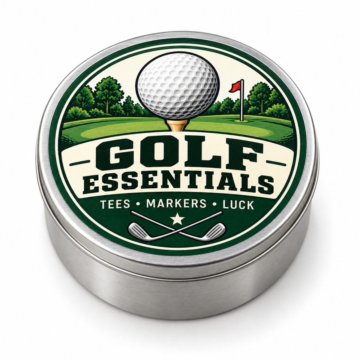 Golf Essentials metal tin on white background