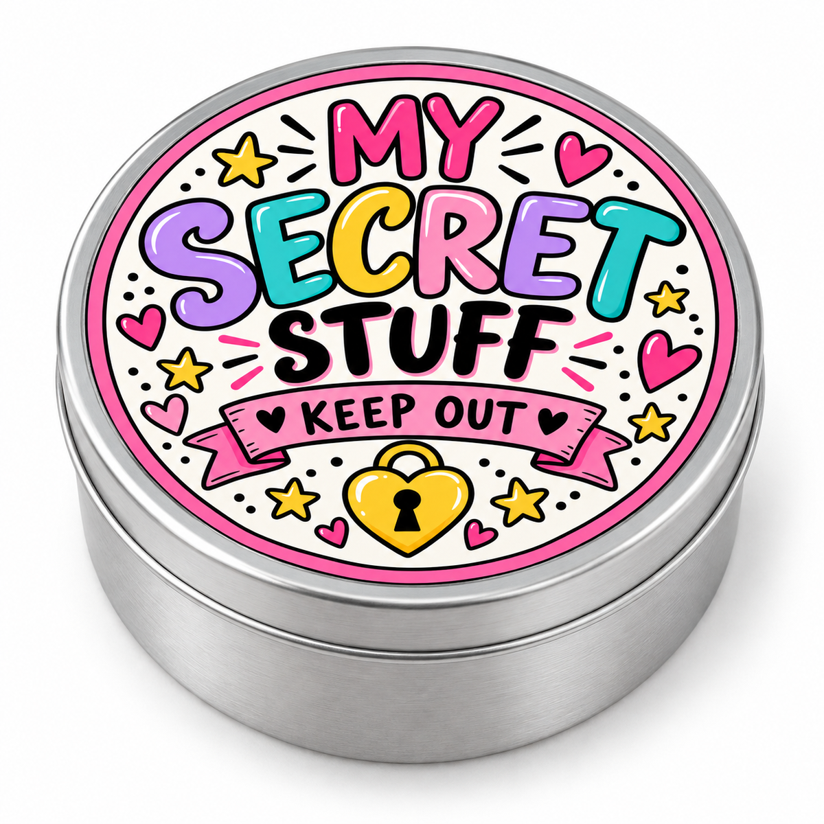 My Secret Stuff metal tin on white background