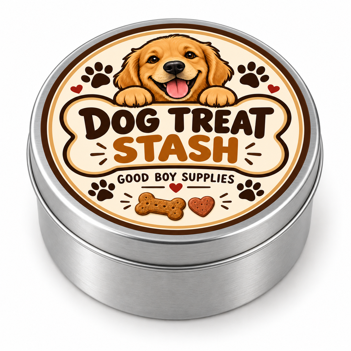 Dog Treat Stash metal tin on white background