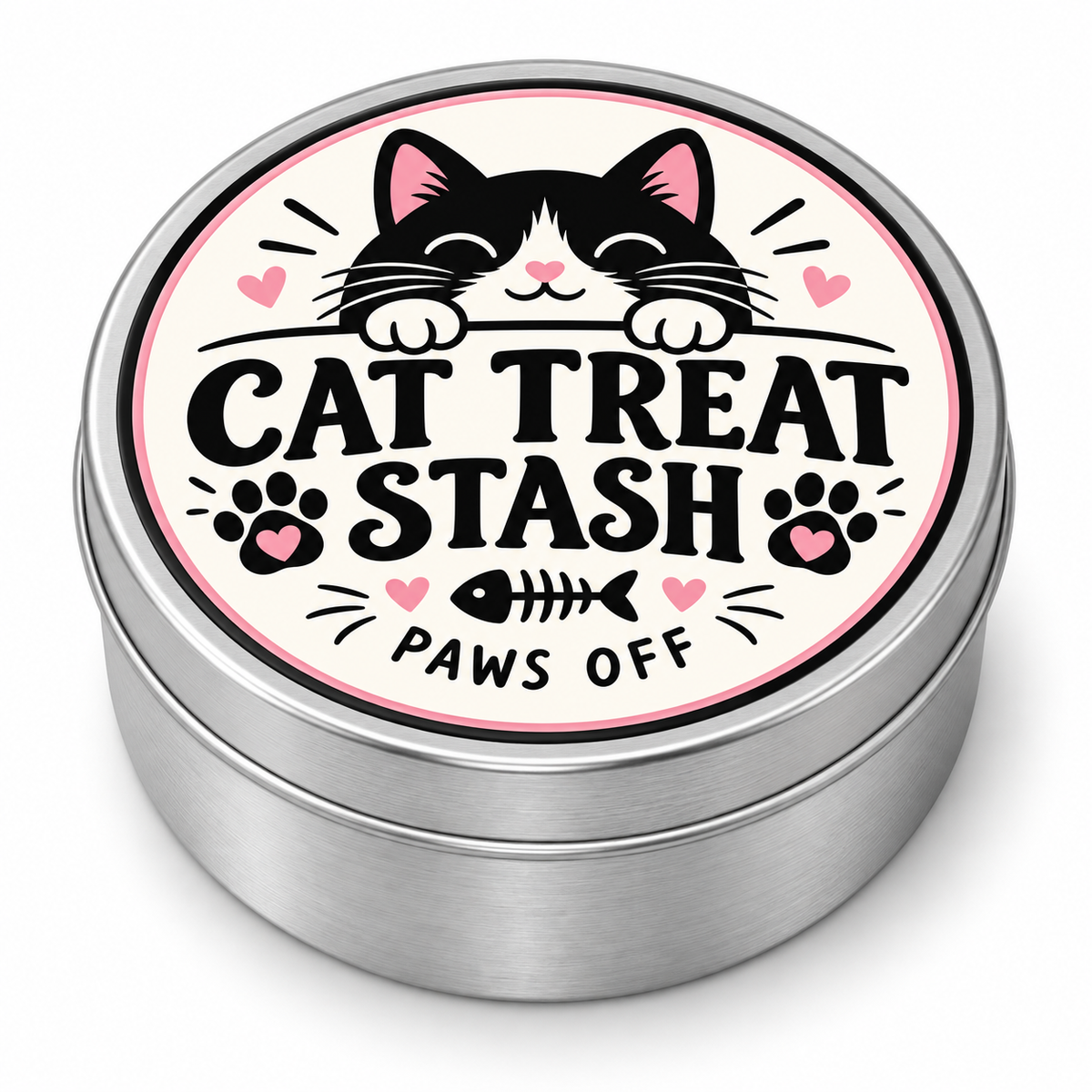 Cat Treat Stash metal tin on white background