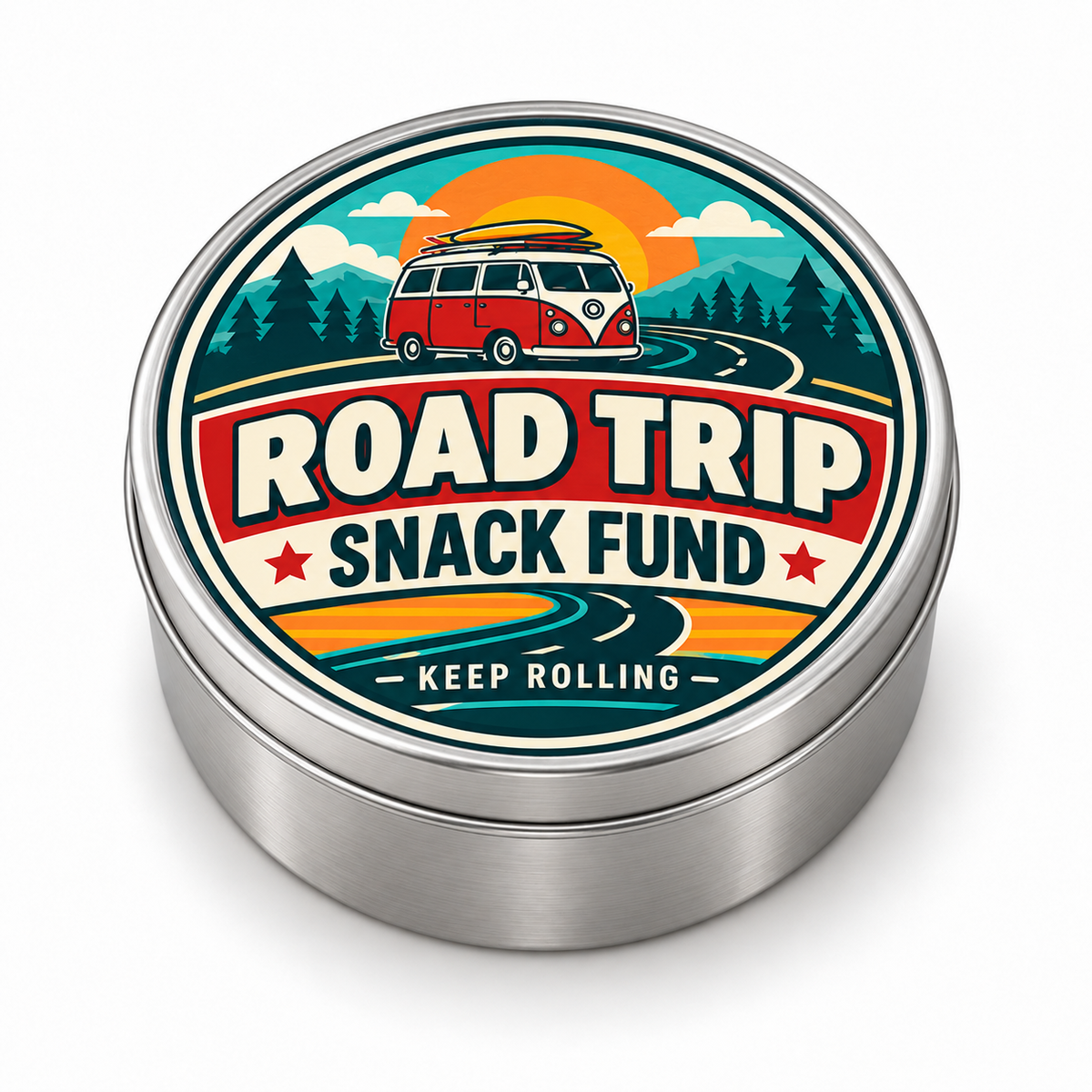 Road Trip Snack Fund metal tin on white background