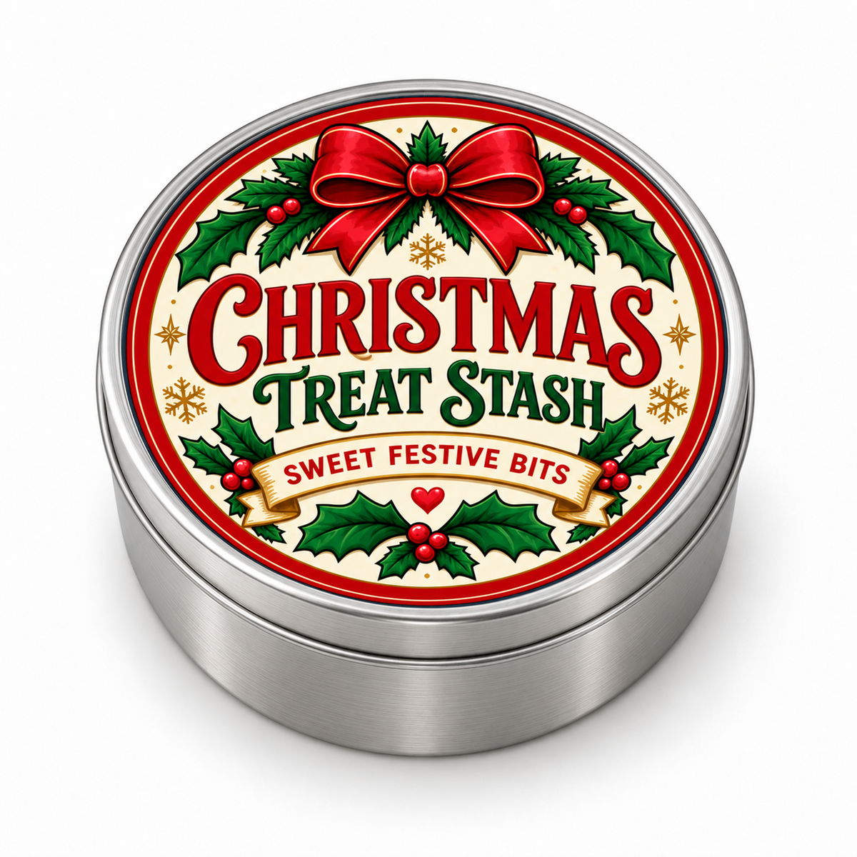 Christmas Treat Stash metal tin on white background