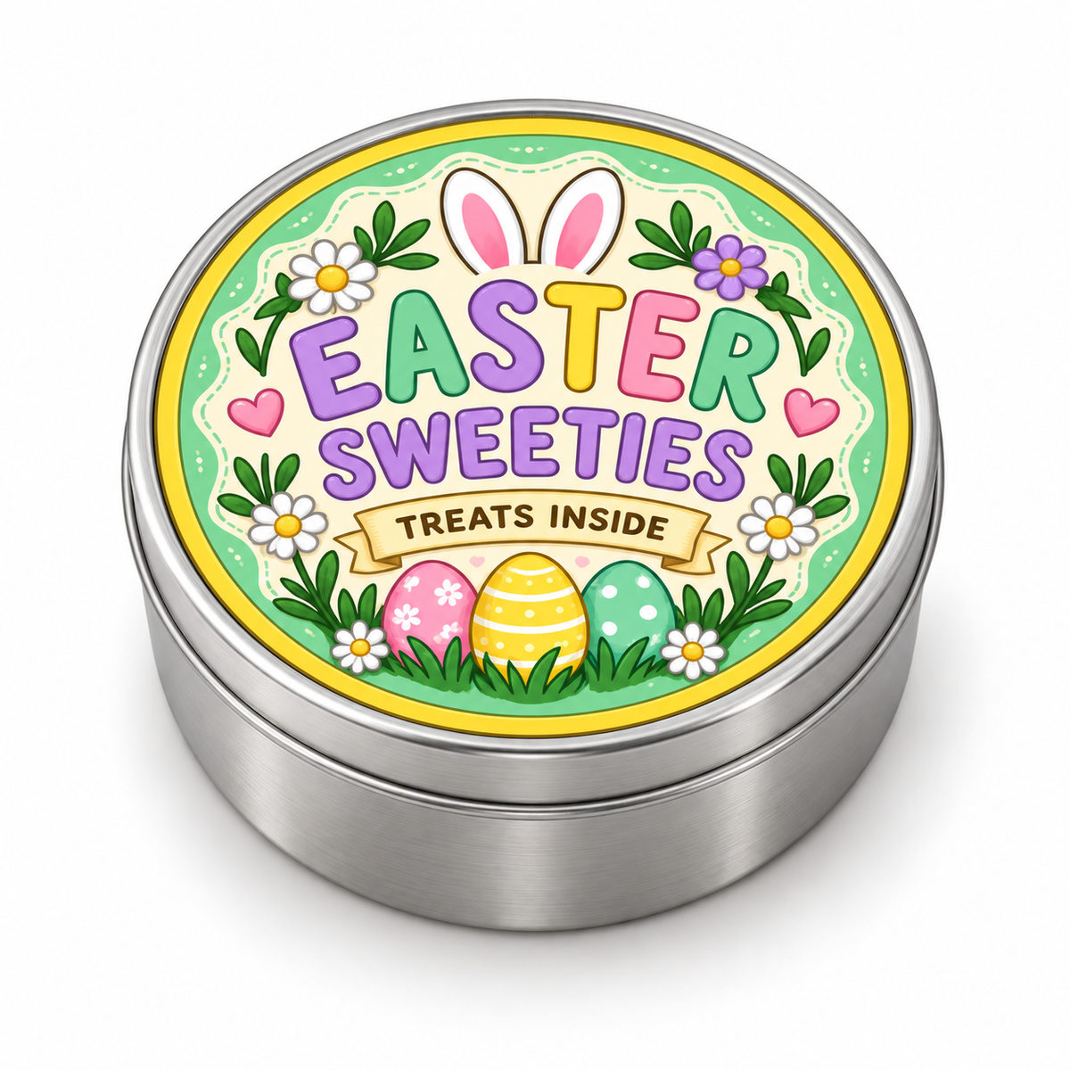 Easter Sweeties metal tin on white background
