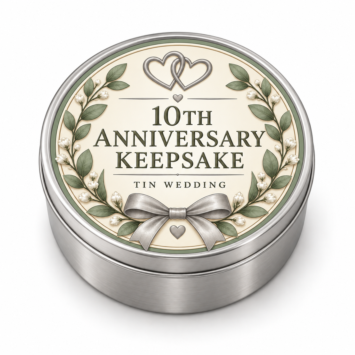 10th Anniversary Keepsake metal tin on white background